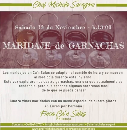 Maridaje de garnachas con menú de la Chef Michela Saragoni en Can Salas